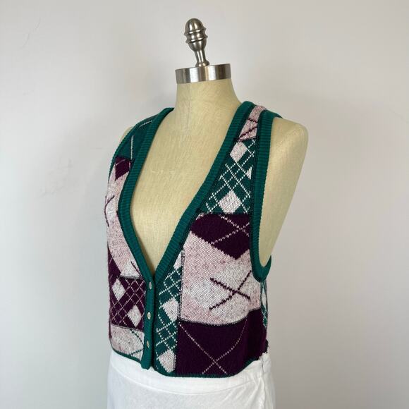 Free People Camilla Button Down Vest Plum Pine Combo Argyle Plaid Print (Sz S) - Picture 6 of 10